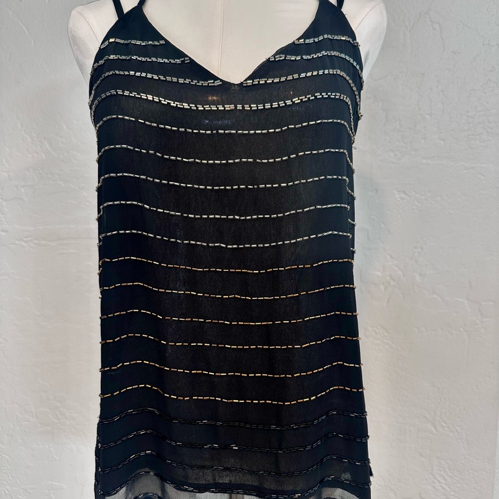 Bar III Black and Gold Striped Beaded Women's Camisole Unique Back NWT